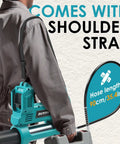 Person using a Cordless Grease Gun For Makita 18V Battery, 12000 PSI High Pressure with 35.4 inch hose and shoulder strap.