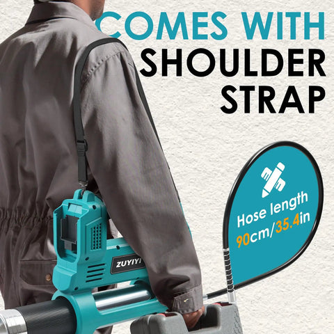 Person using a Cordless Grease Gun For Makita 18V Battery, 12000 PSI High Pressure with 35.4 inch hose and shoulder strap.