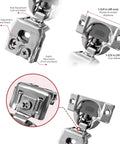 Close-up view of soft closing one and a quarter inch overlay cabinet hinges ten pack concealed face frame hinges with three cam adjustment.