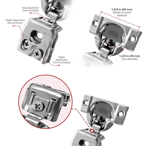 Close-up view of soft closing one and a quarter inch overlay cabinet hinges ten pack concealed face frame hinges with three cam adjustment.