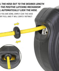Close-up of Heavy Duty Automatic Retractable Air Compressor Hose Reel With 3/8 Inch By 50 Ft Hybrid Air Line showing yellow hose and locking mechanism.