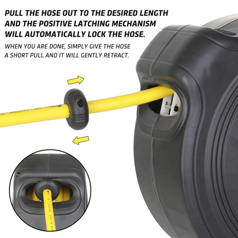 Close-up of Heavy Duty Automatic Retractable Air Compressor Hose Reel With 3/8 Inch By 50 Ft Hybrid Air Line showing yellow hose and locking mechanism.