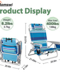 Extra Wide 2 Pack Lay Flat Folding Beach Chairs With 5 Positions Aluminum Frame Includes Cooler Bag Cup And Phone Holder Towel Bar For Outdoor Lawn Picnics Camping And Sports In Blue Stripes, product dimensions and features