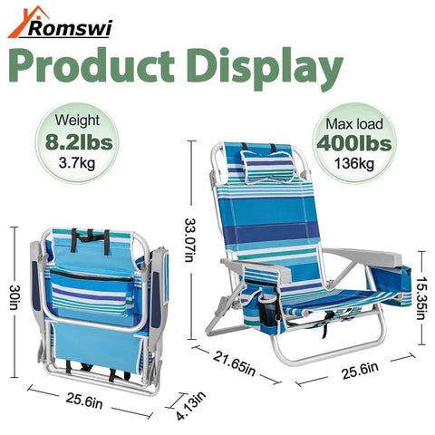 Extra Wide 2 Pack Lay Flat Folding Beach Chairs With 5 Positions Aluminum Frame Includes Cooler Bag Cup And Phone Holder Towel Bar For Outdoor Lawn Picnics Camping And Sports In Blue Stripes, product dimensions and features