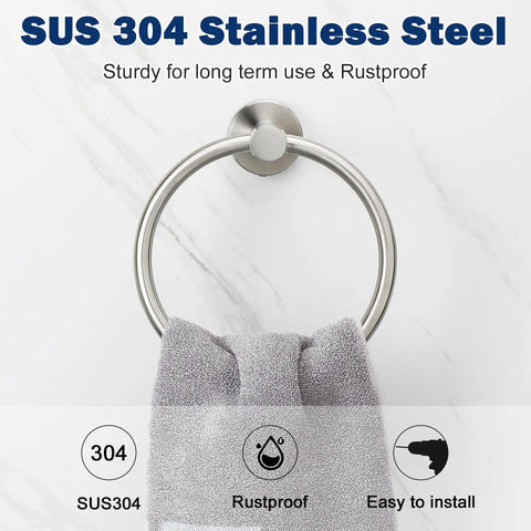 Brushed Nickel Round Towel Ring Wall Mounted Rustproof 304 Stainless Steel Hand Towel Holder on marble wall