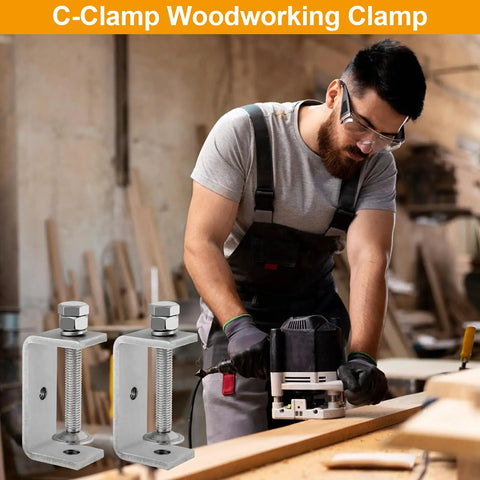 Heavy Duty 304 Stainless Steel C Clamp Set Of 2 Tiger Woodworking Clamps with wide jaws in use by a carpenter.