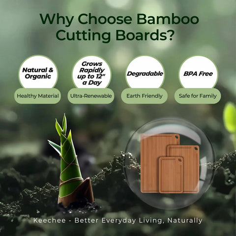 Bamboo Cutting Board Set With Deep Juice Grooves And Built In Handles displayed with eco-friendly features.