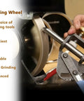 Hands using CBN Grinding Wheel Eight Inch 320 Grit One Inch Wide Five Eighth Inch Arbor Full Nickel Plated on metal tool