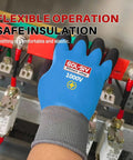 Heavy Hitter Insulated Work Gloves ASTM D120 Certified 1000V Electrical Safety Gear shown in use with live electrical panel.