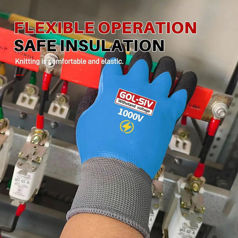 Heavy Hitter Insulated Work Gloves ASTM D120 Certified 1000V Electrical Safety Gear shown in use with live electrical panel.
