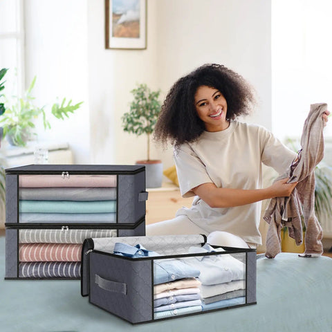 3 Pack Foldable Storage Boxes With Large Clear Window And Sturdy Handles 35L Capacity Clothes Bedding Organizer Bags For Closet Dorm Home Gray Stackable Durable See Thru Go To Storage