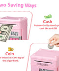 Image showing pink electronic piggy bank with cash and coin deposit features for kids. Electronic Piggy Bank For Girls With 4 Digit Password Lock ATM Style Money Safe For Kids Perfect Birthday Gift For Ages 6 7 8 9 10 Fun Kid Friendly Savings Toy That Teaches Pocket Cash Basics.