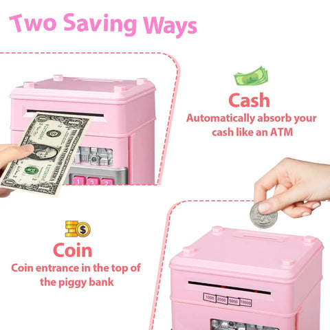 Image showing pink electronic piggy bank with cash and coin deposit features for kids. Electronic Piggy Bank For Girls With 4 Digit Password Lock ATM Style Money Safe For Kids Perfect Birthday Gift For Ages 6 7 8 9 10 Fun Kid Friendly Savings Toy That Teaches Pocket Cash Basics.