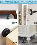 Black Adjustable Bed Frame Stabilizers With No Sweat Mounts For Quiet Sleep And Wall Protection shown installed under sofa, desk, door, and cabinet.