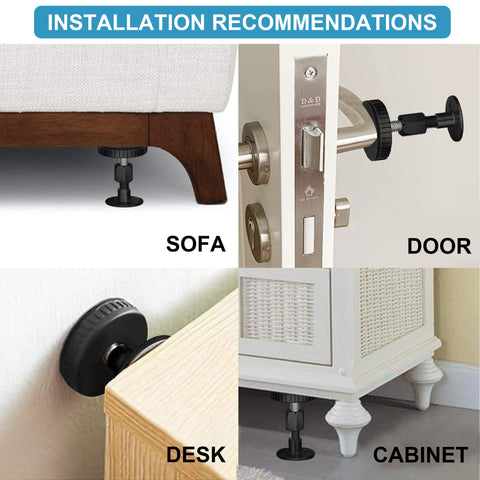 Black Adjustable Bed Frame Stabilizers With No Sweat Mounts For Quiet Sleep And Wall Protection shown installed under sofa, desk, door, and cabinet.
