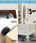 Installation recommendations showing Heavy Duty Anti Shake Bed Frame Stabilizers Adjustable Threaded Headboard Stops for Beds and Cabinets in use on sofa, door, desk, and cabinet.