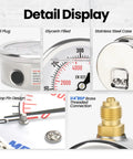 Close-up of Hydraulic Test Gauge Kit components, oil plug, glycerin filled, stainless steel case, stop pin design, and brass connection