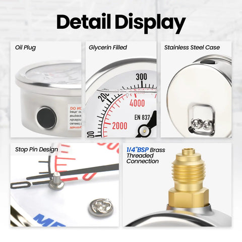Close-up of Hydraulic Test Gauge Kit components, oil plug, glycerin filled, stainless steel case, stop pin design, and brass connection