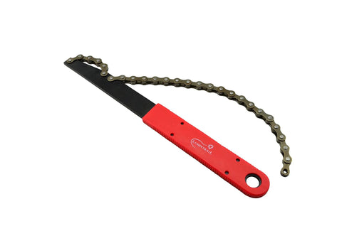 Chain Whip For Bike Cassette Removal Tool Sprocket Remover Lockring Removal With Comfortable Grip, red handle, brown chain