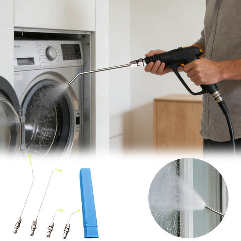4 Pack High Pressure Washer Nozzle Kit With 1/4 Quick Connect Universal Fit For Most Power Washers, Includes Nozzle Tips For Tight Cleanouts, Mini Split AC Cleaning, RV Water Heater Flush Wand, Washing Machine Maintenance, Silver, 4pcs. Washing machine cleaning with stainless steel curved nozzle wand