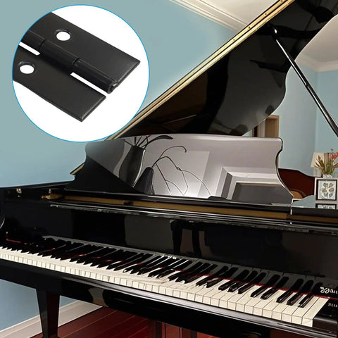 Heavy Duty Rock Solid 304 Stainless Steel Piano Hinges 2 Pack 12 Inch Continuous Door Hinge Pre Drilled Hardcore Mounting Hardware shown on a piano.