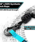 Close-up of Beefy Heavy Duty 5/16 Inch 50 Foot Synthetic Winch Rope Kit With 12000 Lbs Break Strength showing hook and stopper.