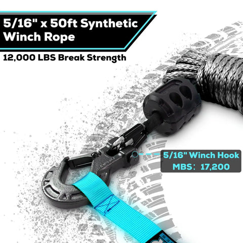 Close-up of Beefy Heavy Duty 5/16 Inch 50 Foot Synthetic Winch Rope Kit With 12000 Lbs Break Strength showing hook and stopper.