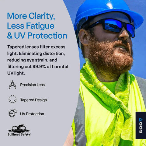 Worker wearing Sawfish Polarized Safety Glasses with Performance Fog Technology, blue mirror lenses in tortoise black frame