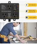 Automatic Vacuum Switch With Dual Power Outlets And Smart Delay Timer Kicks In Smooth To Dodge Breaker Tripping Keeps Shop Air Clean And Lets You Breathe Easy So Your Project Runs Without Hiccups Black Casing with LED indicator and mode switch.