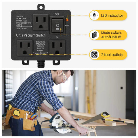 Automatic Vacuum Switch With Dual Power Outlets And Smart Delay Timer Kicks In Smooth To Dodge Breaker Tripping Keeps Shop Air Clean And Lets You Breathe Easy So Your Project Runs Without Hiccups Black Casing with LED indicator and mode switch.