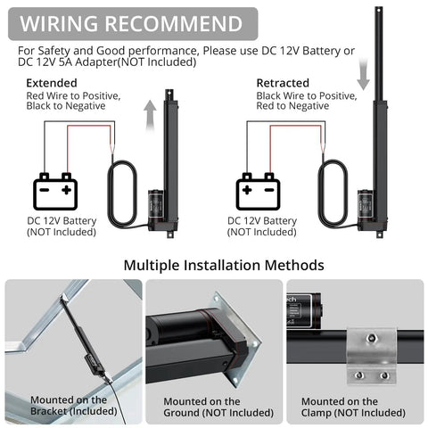 Wiring guide for Heavy Duty 12V Linear Actuator with 330 lbs lift, 1500 N, 10 inch stroke, quiet operation, IP65, multiple installation options