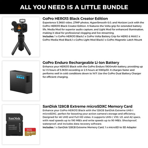 Creator Edition Action Camera Bundle With Volta Grip, Tripod, Remote, Media Mod And Light Mod, Plus Enduro Battery And 128GB Card