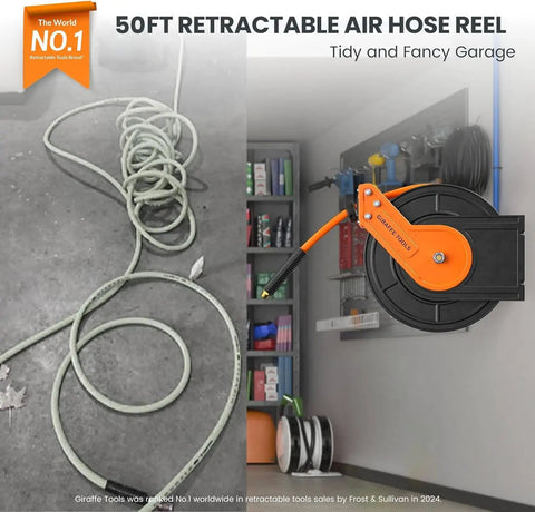 Retractable Air Hose Reel With 50 Foot Three Eighths Inch Hybrid Hose, Heavy Duty Steel Auto Rewind, 300 PSI, Wall Mount, Solid Brass Fittings, Keeps Your Shop Clutter Free And Ready To Roll, installed on a garage wall.