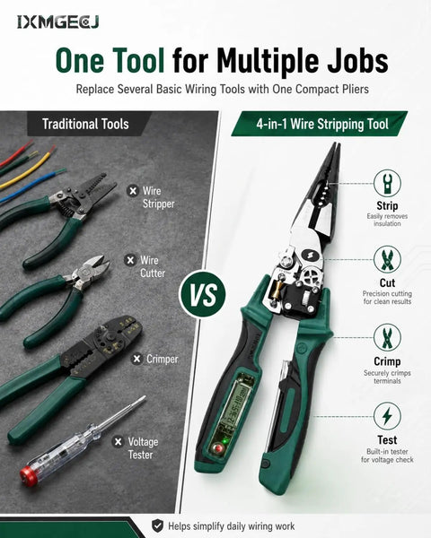 4 In 1 Wire Stripping And Testing Pliers With Built In Voltage Tester For Cutting, Crimping, And Pulling Wires, Handy On The Job Electrician Tool Pliers That Are Compact, Durable, And Easy To Store, Green.