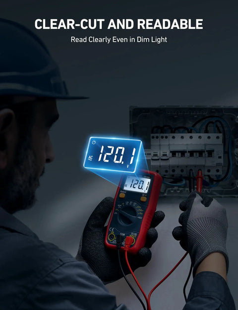 Person using All In One Digital Multimeter For DIYers With Auto Ranging Voltmeter Ohmmeter NCV Safe Tester And Battery Checker indoors.