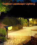 Outdoor Solar Spotlights 650 Lumen IP67 Waterproof Warm White 3000K illuminating garden walkway at night, 6 pack visible