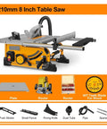 Badass Compact 8 Inch Portable Table Saw With Advanced Dust Catcher and accessories displayed on a grey background.