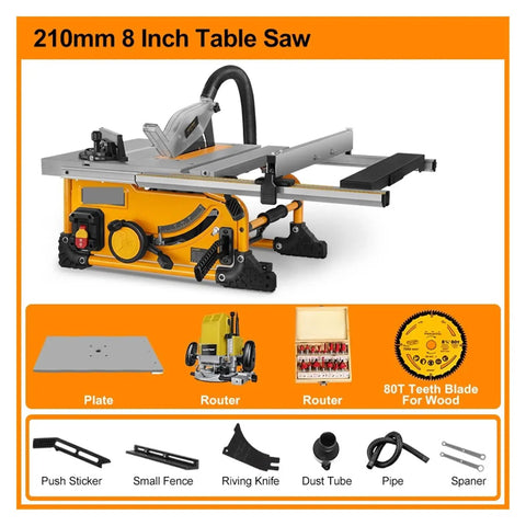 Badass Compact 8 Inch Portable Table Saw With Advanced Dust Catcher and accessories displayed on a grey background.
