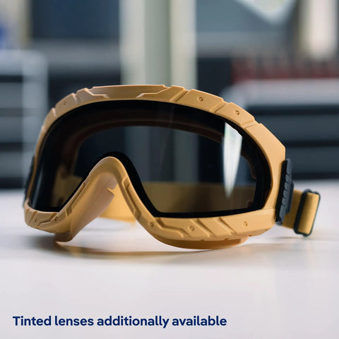 X-pect 4900 Safety Goggles With Dual Layer Lenses For Pro Grade Eye Protection, sand color, side view, anti-fog, anti-UV.