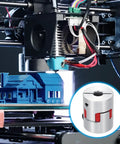 3D printer in action with blue model house and Aluminum Shaft Coupler 6mm To 6mm Flexible Spider Coupling L25mm X D20mm inset