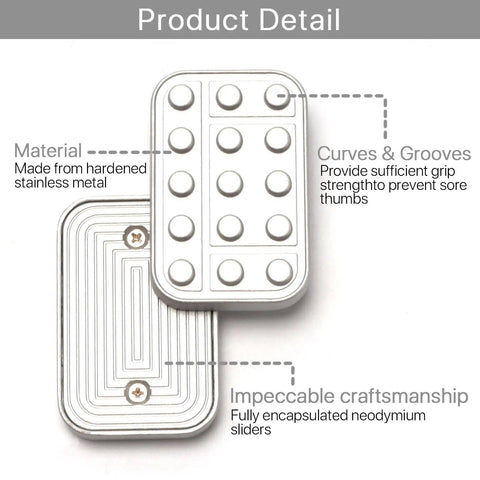 Heavy Duty Metal Fidget Slider Featuring Unlimited Rotary Push Brick Design For Adults ADHD Anxiety And Stress Relief Smooth As Butter Gliding Action Kick Back And Chill Anytime, showing durable stainless metal material and grip details.