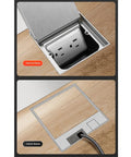Slick Silver Recessed Floor Electrical Outlet Kit With Built In Sealing Loop For Tile And Marble Floors Tough As Nails Stainless Steel Build No Stress Lift Up Cover 2 Prong 6 Hole Design with lid open and closed view.
