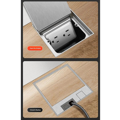 Slick Silver Recessed Floor Electrical Outlet Kit With Built In Sealing Loop For Tile And Marble Floors Tough As Nails Stainless Steel Build No Stress Lift Up Cover 2 Prong 6 Hole Design with lid open and closed view.