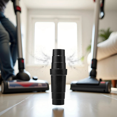 Front view of black ABS vacuum hose adapter standing upright on the floor; blurred vacuum cleaners in background.