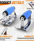 6 Piece Concrete Hand Tools Set With Edger, Groover, Finishing Trowel, Pointing Trowel, Gauging Trowel, And Tool Bag For Cement And Masonry Projects, Beginner Friendly, Durable Stainless Steel showing rubber handled tools detailing sharp corner and curved styles for professional finishing.