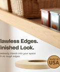 Maple No-Fuss Pre-Finished Edge Banding Roll Three Quarter Inch By Fifty Feet With Clear UV Lacquer Finish Pre-Glued Iron-On Real Wood Veneer Edging Tape Hot Melt Adhesive Ideal For Cabinets Furniture Shelves And DIY Projects displayed on a kitchen shelf.