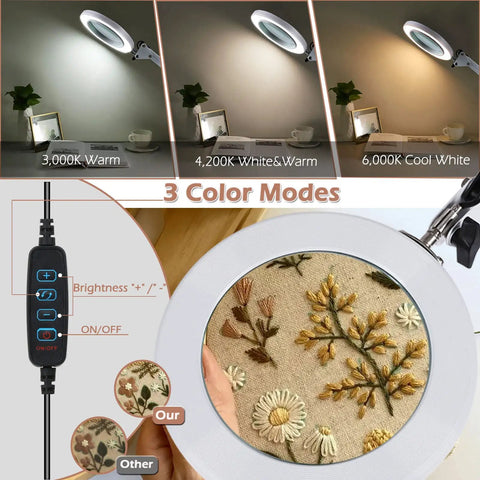 8x Magnifying Glass With Light For Close Work 5 Inch Real Glass Lens Desk Magnifier 3 Color Modes Stepless Dimmable