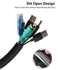 Pet Proof Cord Protector With Split Design For No Chew Cords, 10 Feet Long And Half Inch Wide, Black, Ultra Durable Bite Resistant PET Material, Easy To Install And Cut To Length For Any Indoor Setup, slit open on cables
