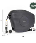 Classic Charcoal 100ft Automatic Retractable Garden Hose Reel with measurements and wall mount.