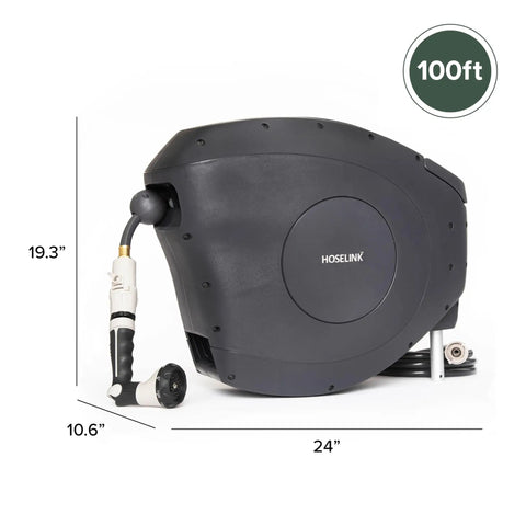 Classic Charcoal 100ft Automatic Retractable Garden Hose Reel with measurements and wall mount.